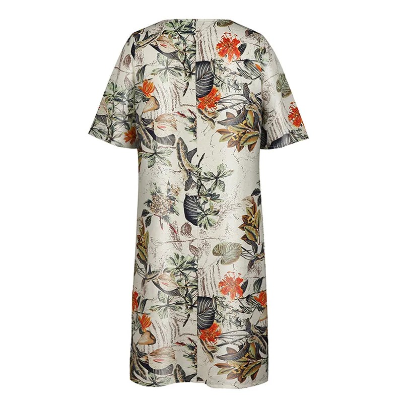 Women O-neck Half Sleeve Floral Print Retro Linen Dress