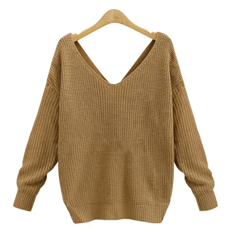 Women Sexy Cross V-neck Long-sleeved Knitted Twisted Back Sweater