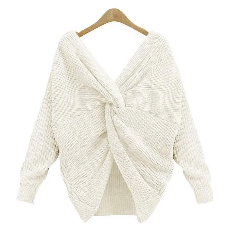 Women Sexy Cross V-neck Long-sleeved Knitted Twisted Back Sweater