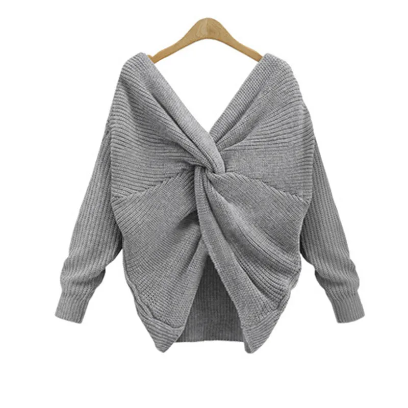 Women Sexy Cross V-neck Long-sleeved Knitted Twisted Back Sweater