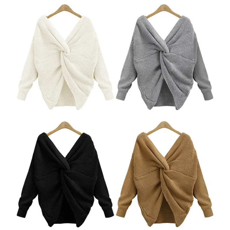 Women Sexy Cross V-neck Long-sleeved Knitted Twisted Back Sweater