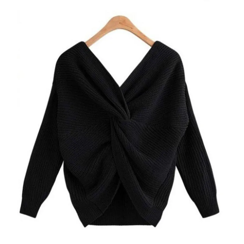 Women Sexy Cross V-neck Long-sleeved Knitted Twisted Back Sweater