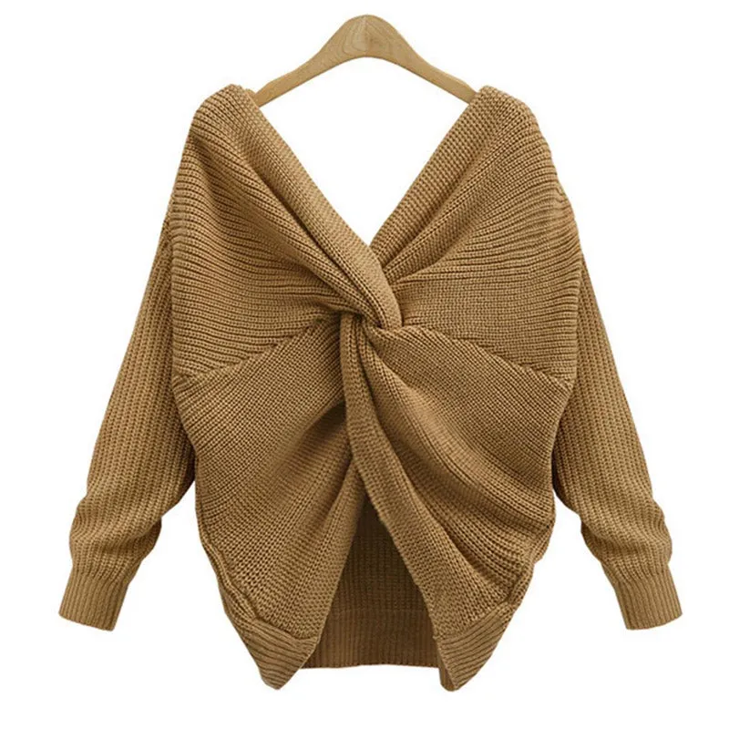 Women Sexy Cross V-neck Long-sleeved Knitted Twisted Back Sweater