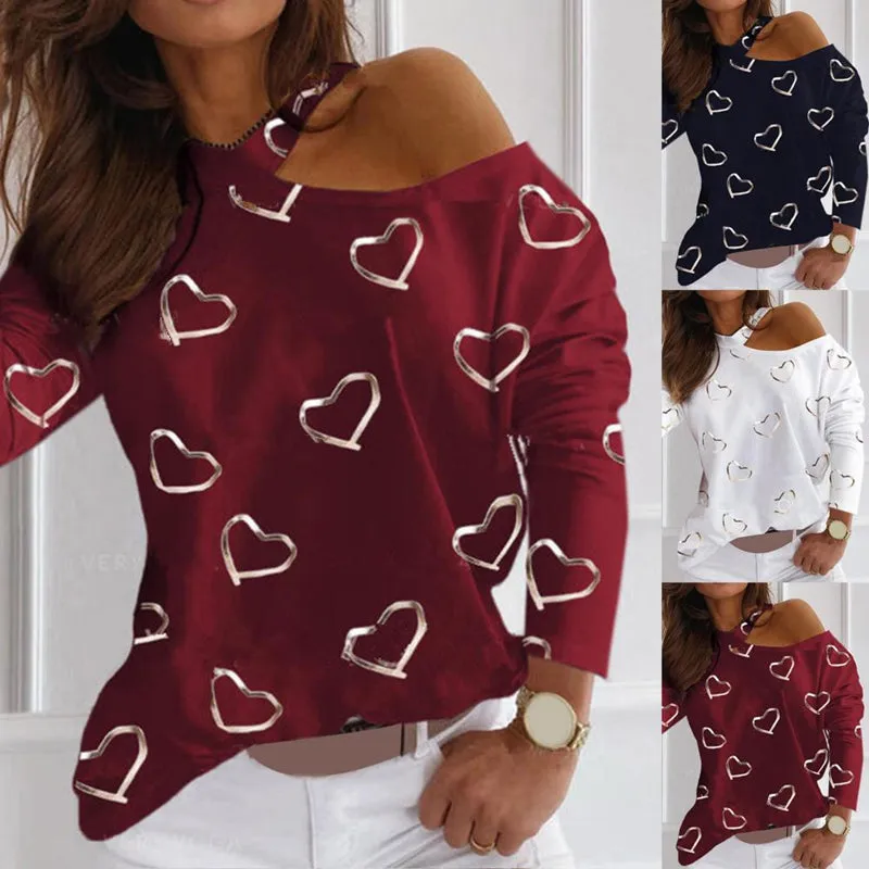 Women Sexy Long Sleeve Love Heart One Shoulder Hollow Out Blouse