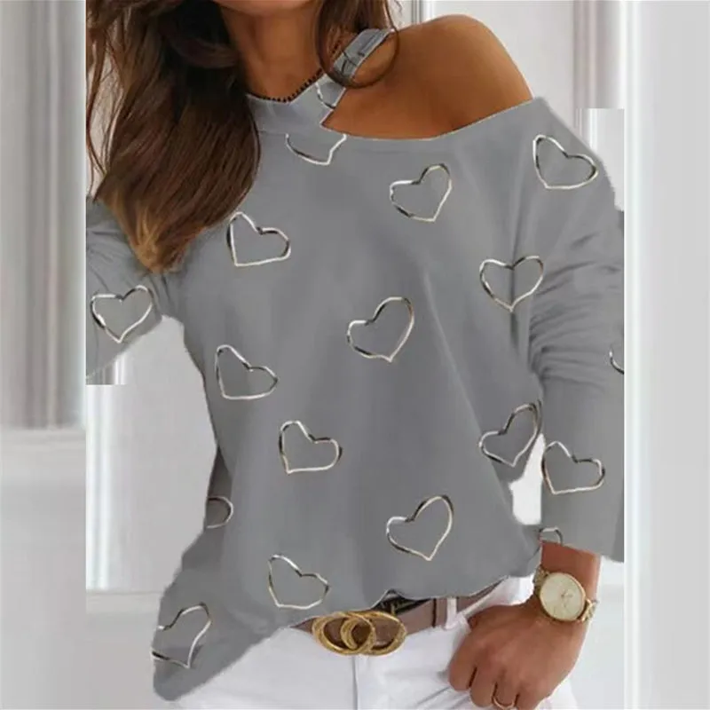 Women Sexy Long Sleeve Love Heart One Shoulder Hollow Out Blouse