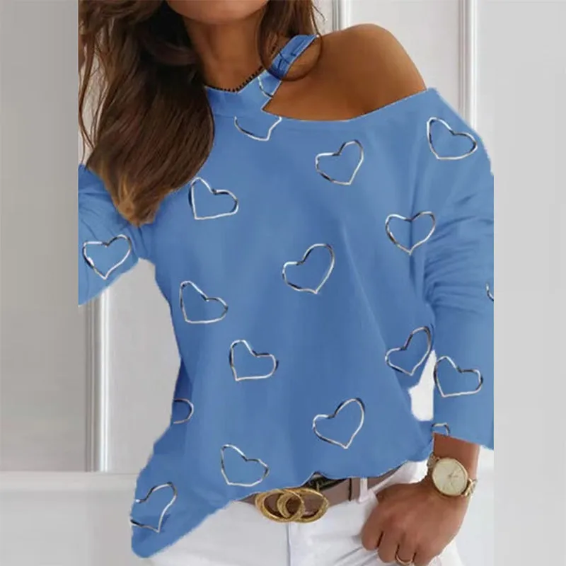 Women Sexy Long Sleeve Love Heart One Shoulder Hollow Out Blouse