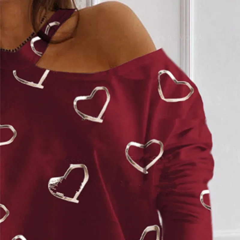 Women Sexy Long Sleeve Love Heart One Shoulder Hollow Out Blouse