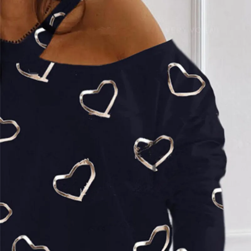 Women Sexy Long Sleeve Love Heart One Shoulder Hollow Out Blouse