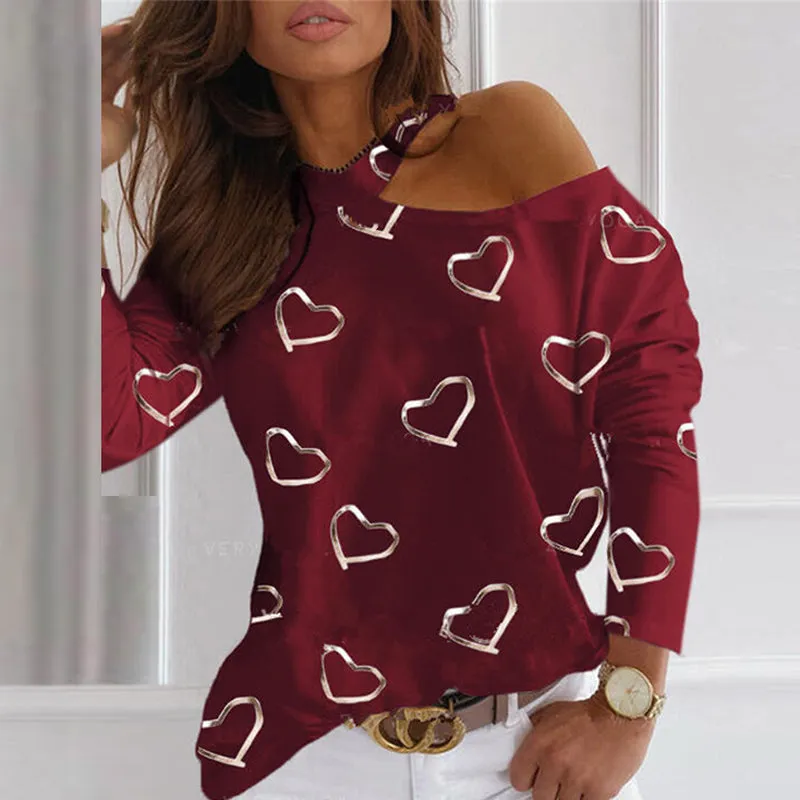 Women Sexy Long Sleeve Love Heart One Shoulder Hollow Out Blouse