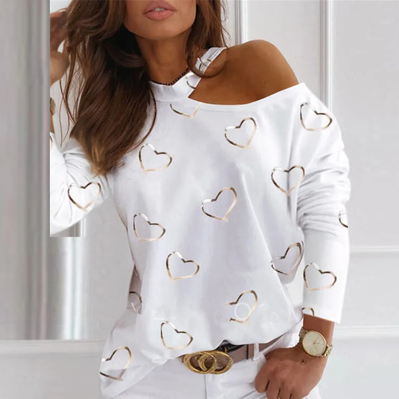 Women Sexy Long Sleeve Love Heart One Shoulder Hollow Out Blouse