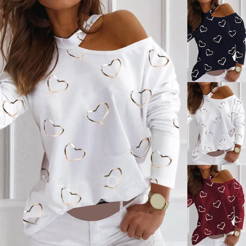 Women Sexy Long Sleeve Love Heart One Shoulder Hollow Out Blouse