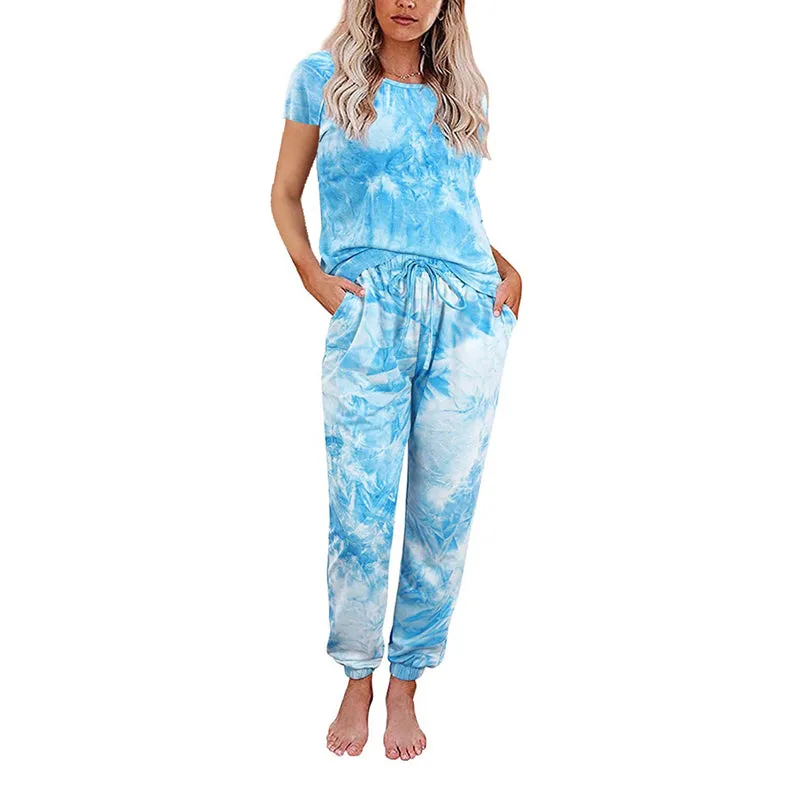 Women Tie-dye Short Sleeve Tops and Long Pants Pajama Sets