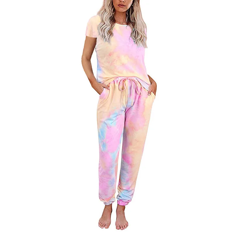 Women Tie-dye Short Sleeve Tops and Long Pants Pajama Sets