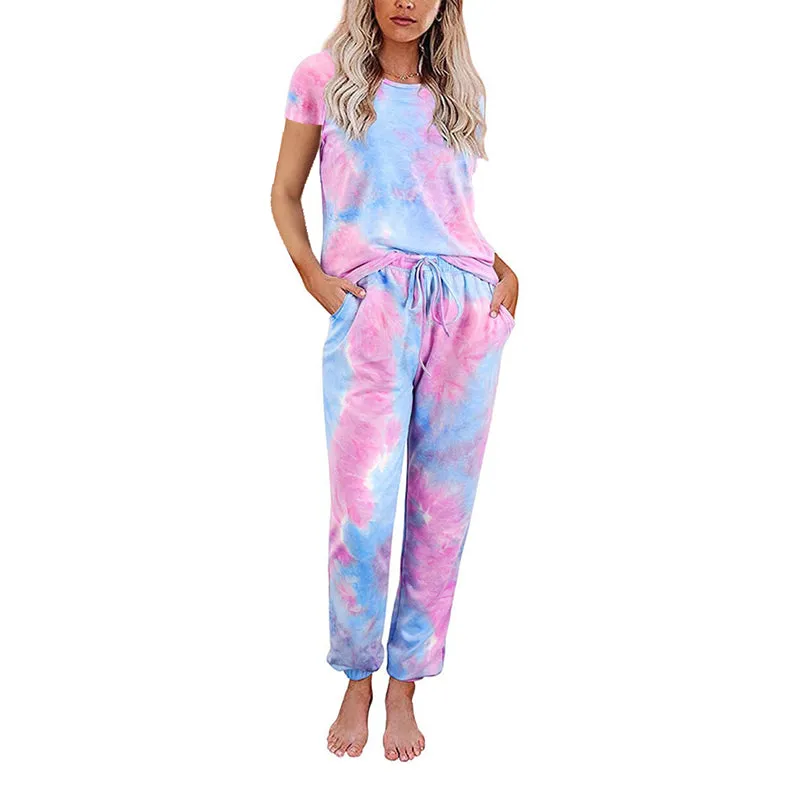 Women Tie-dye Short Sleeve Tops and Long Pants Pajama Sets