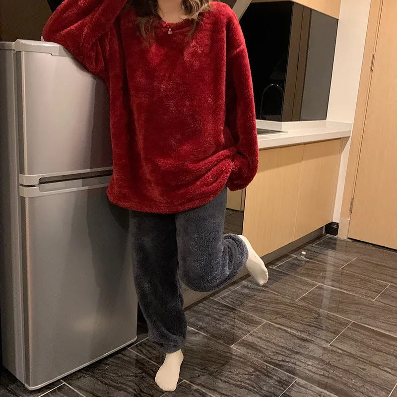 Womens Autumn Winter Coral Fleece Long-sleeved Pajamas Suit