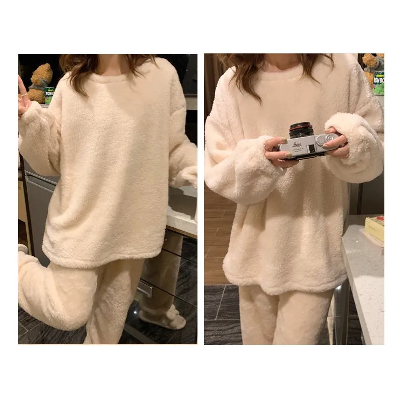 Womens Autumn Winter Coral Fleece Long-sleeved Pajamas Suit