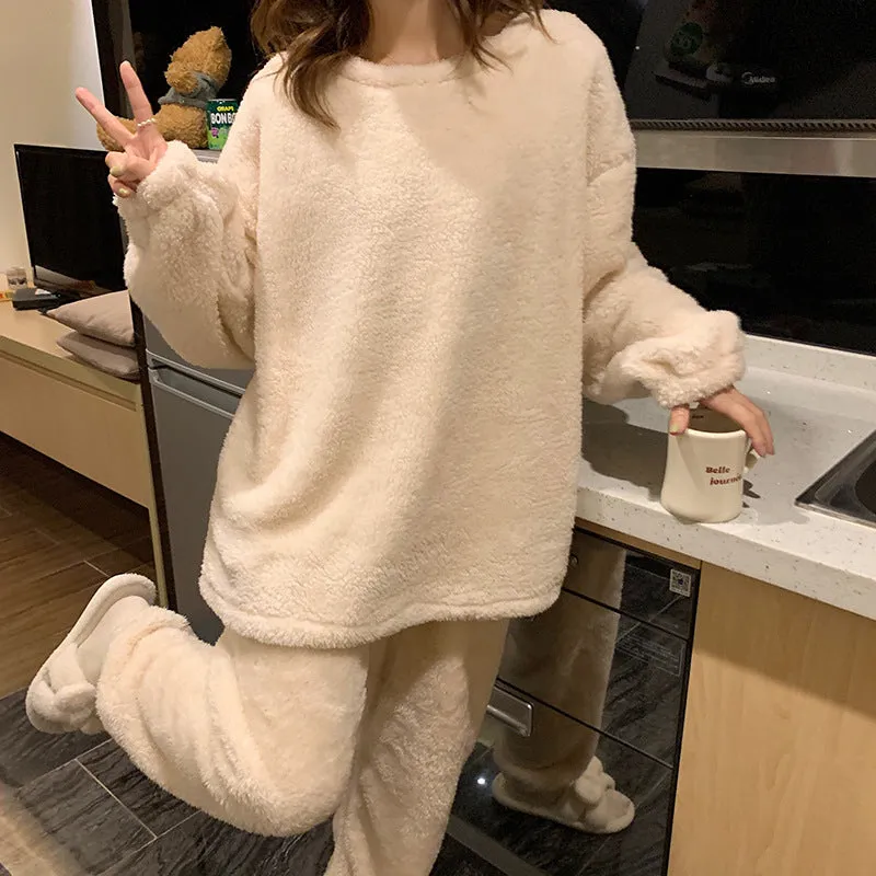 Womens Autumn Winter Coral Fleece Long-sleeved Pajamas Suit