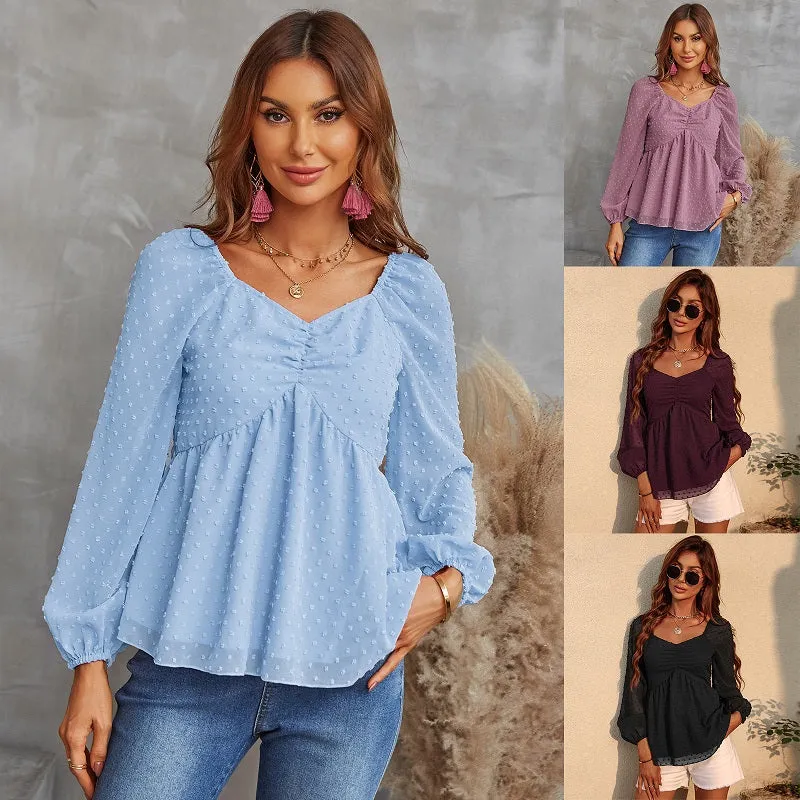 Womens Dot Chiffon Lantern Jacquard Loose Long Sleeve Blouse