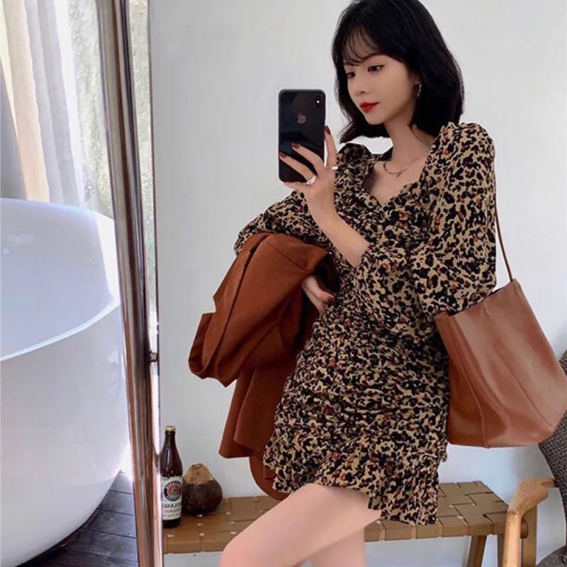 Women's Sexy Leopard Print Long Sleeve Slim Tight Dress