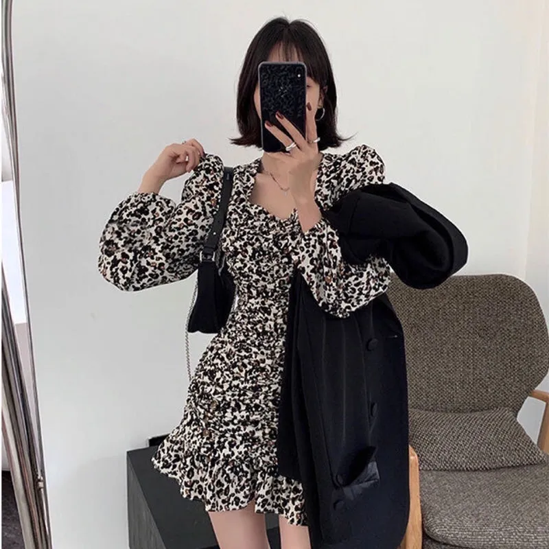 Women's Sexy Leopard Print Long Sleeve Slim Tight Dress