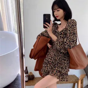 Women's Sexy Leopard Print Long Sleeve Slim Tight Dress