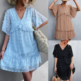 Womens Sexy V-Neck Casual Loose Jacquard Puff Dress