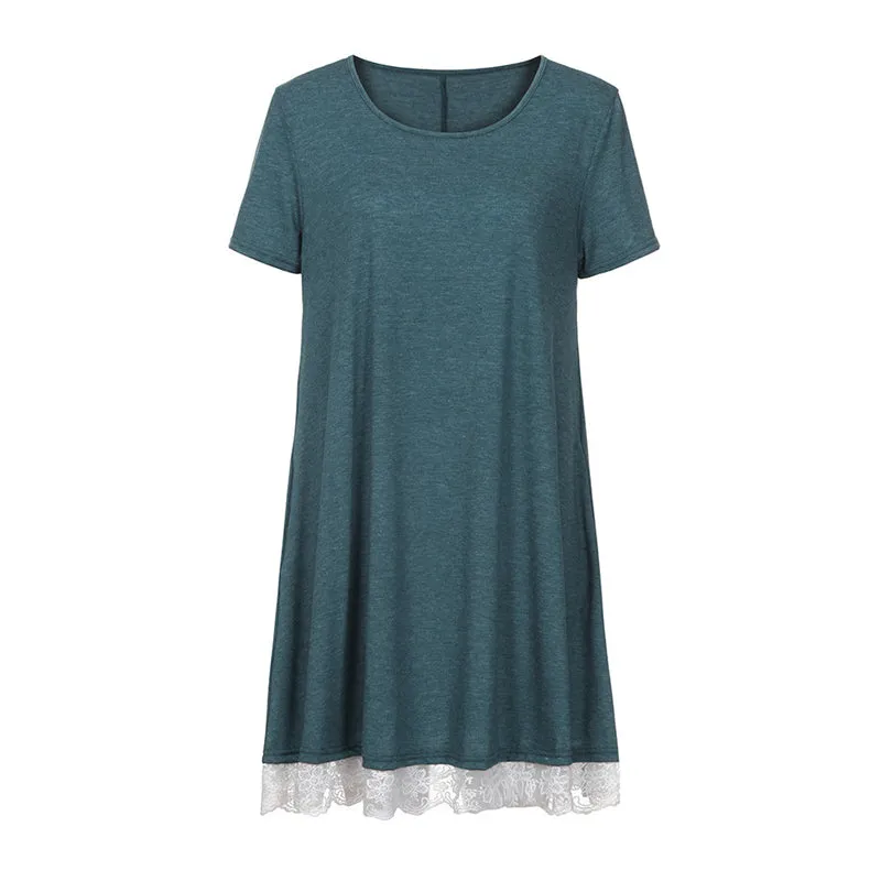 Women's Short Sleeve Lace Hem Loose Dress with Pockets