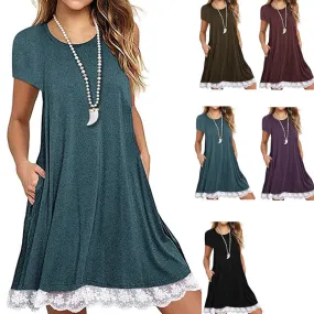 Women's Short Sleeve Lace Hem Loose Dress with Pockets