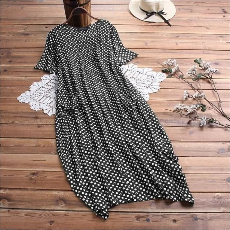 Womens Summer Dot Short Sleeve Loose Casual Long Dress