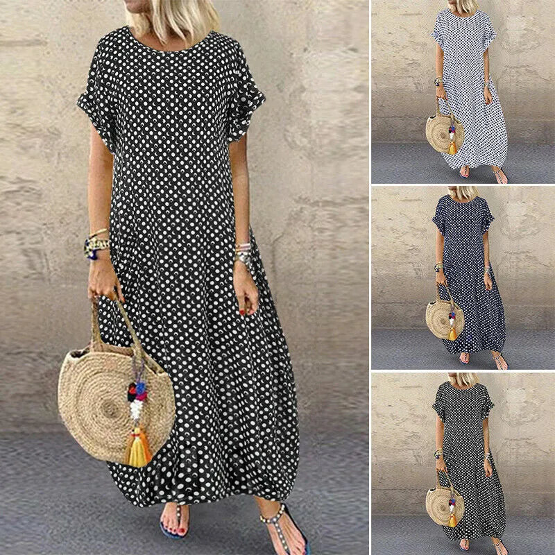 Womens Summer Dot Short Sleeve Loose Casual Long Dress