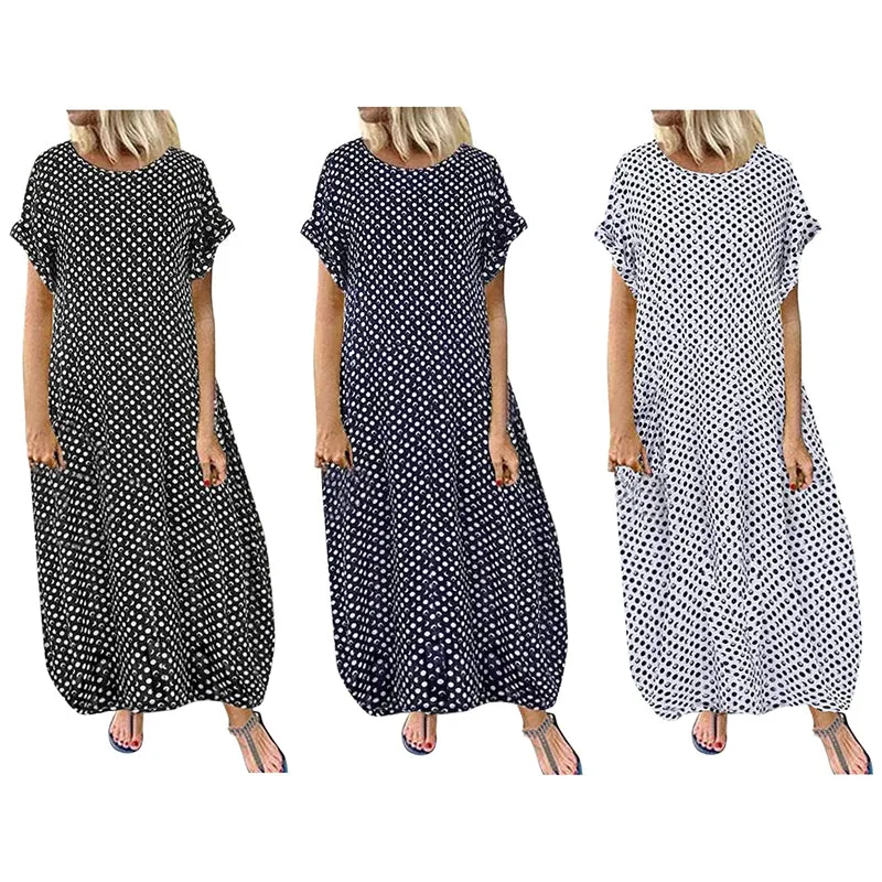 Womens Summer Dot Short Sleeve Loose Casual Long Dress