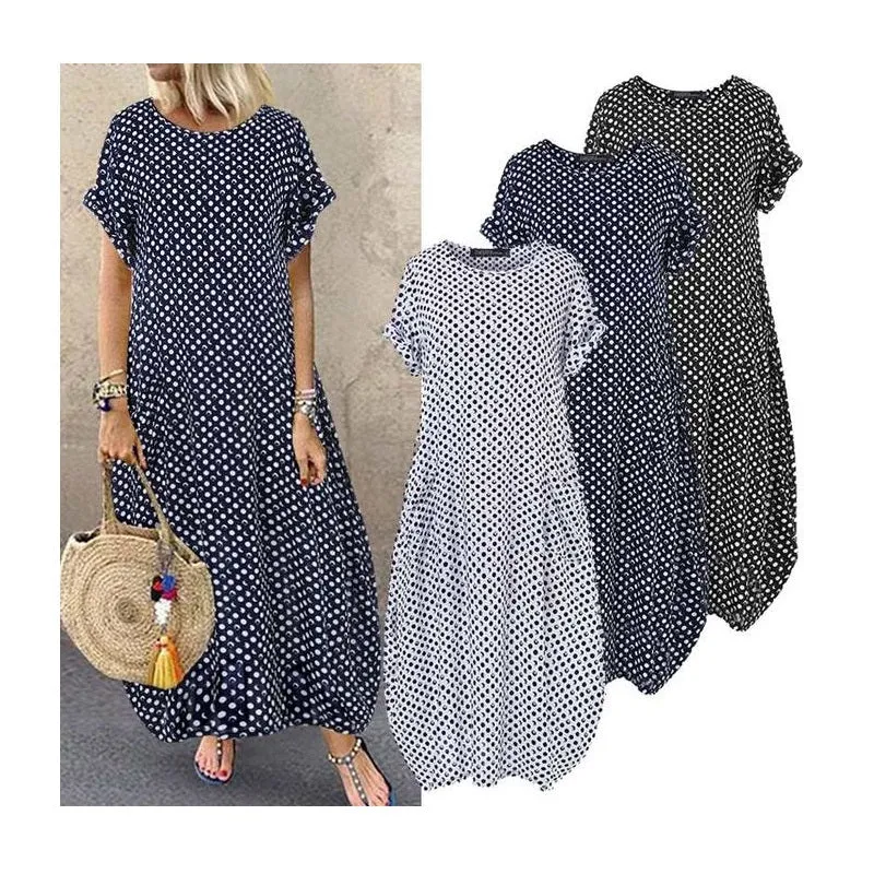 Womens Summer Dot Short Sleeve Loose Casual Long Dress