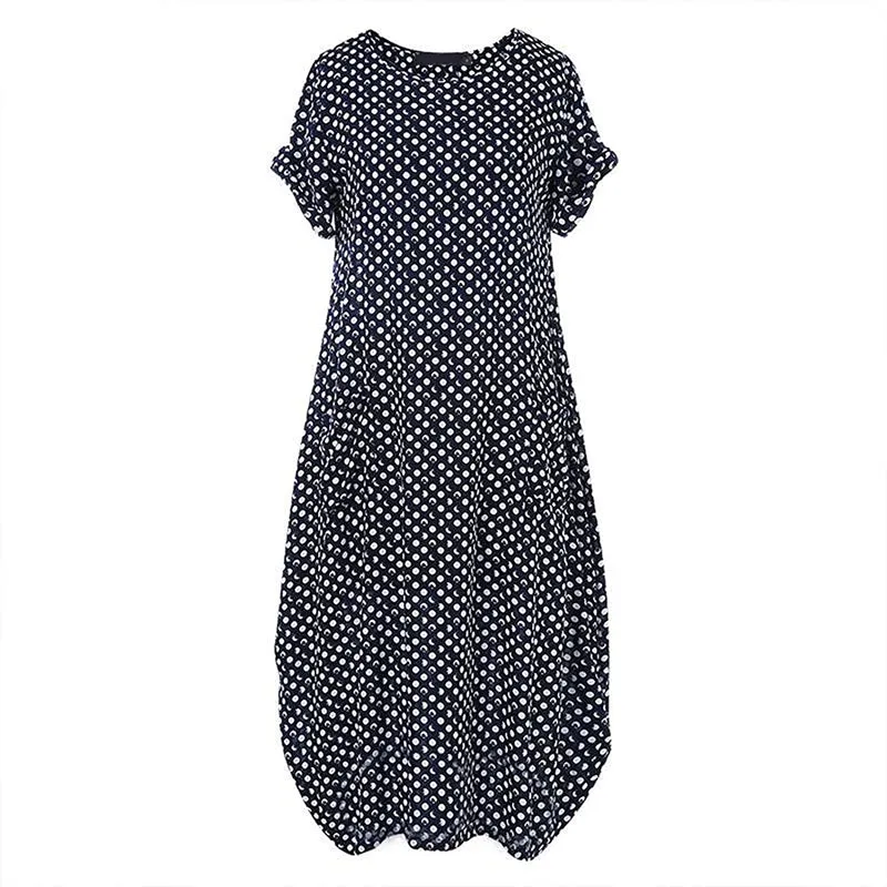 Womens Summer Dot Short Sleeve Loose Casual Long Dress