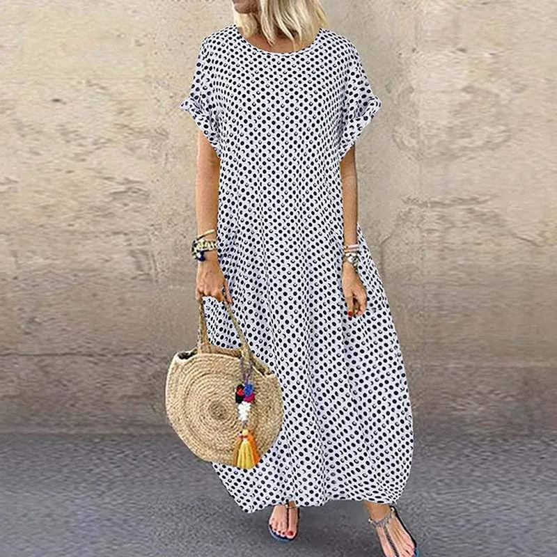 Womens Summer Dot Short Sleeve Loose Casual Long Dress