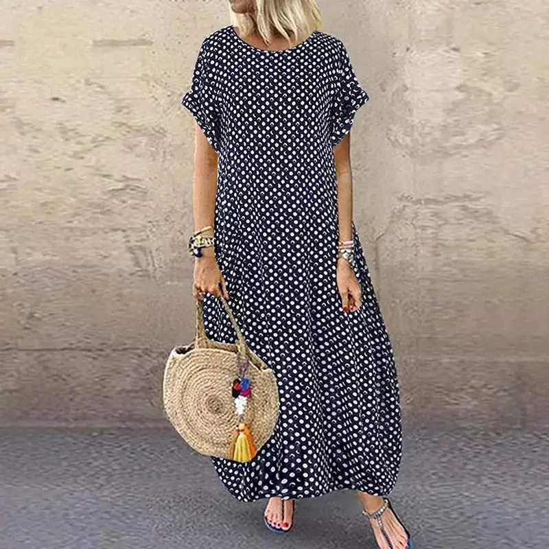 Womens Summer Dot Short Sleeve Loose Casual Long Dress