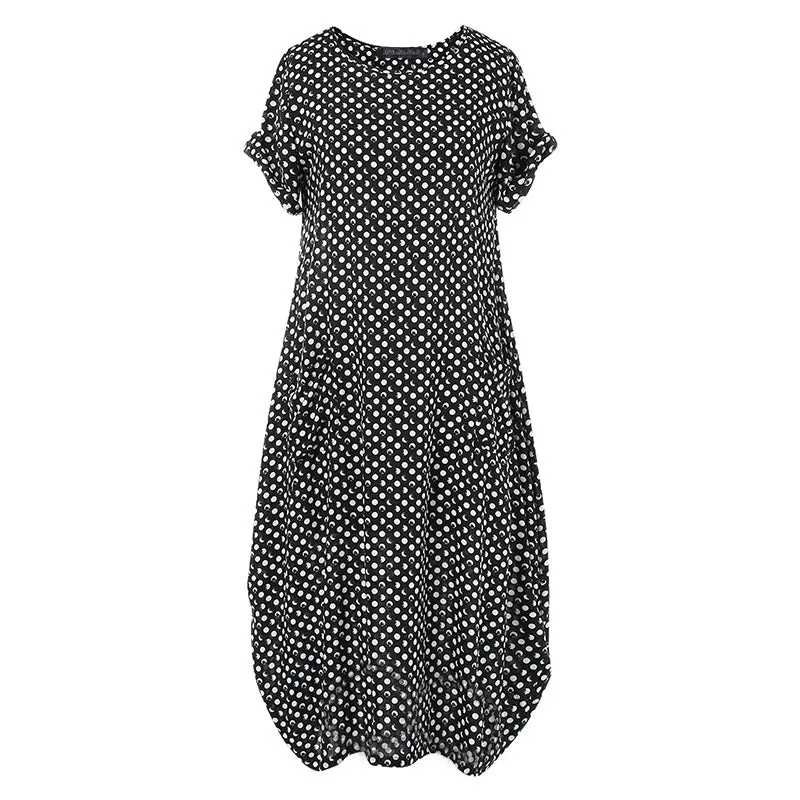 Womens Summer Dot Short Sleeve Loose Casual Long Dress