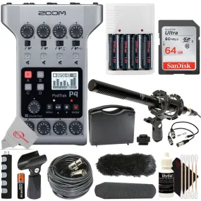 Zoom PodTrak P4 Multitrack Podcast Recorder   Shotgun Microphone Kit   Accessories