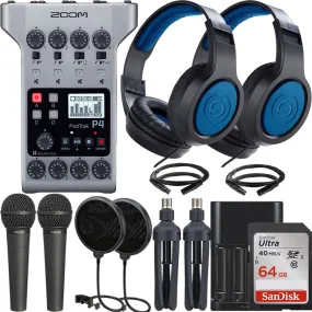 Zoom PodTrak P4 Portable Multitrack Podcast Recorder   2x Behringer XM8500 Mic   Samson SR350 Headphone Accessory Kit