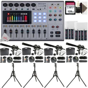 Zoom PodTrak P8 Portable Multitrack Podcast Recorder   Four VidPro 1"Pr Shotgun Microphone Kit    Four Microphone Stand   128GB Memory Card   Two Battery & Charger   CleaningKit