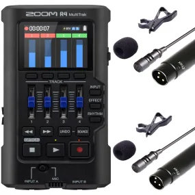 Zoom R4 MultiTrak 32-Bit Float Recorder with Stereo Bouncing with 2x Vidpro Professional Wired XLR Lavalier Microphone XM-L2 for Pro Audio Equipment with XLR Input